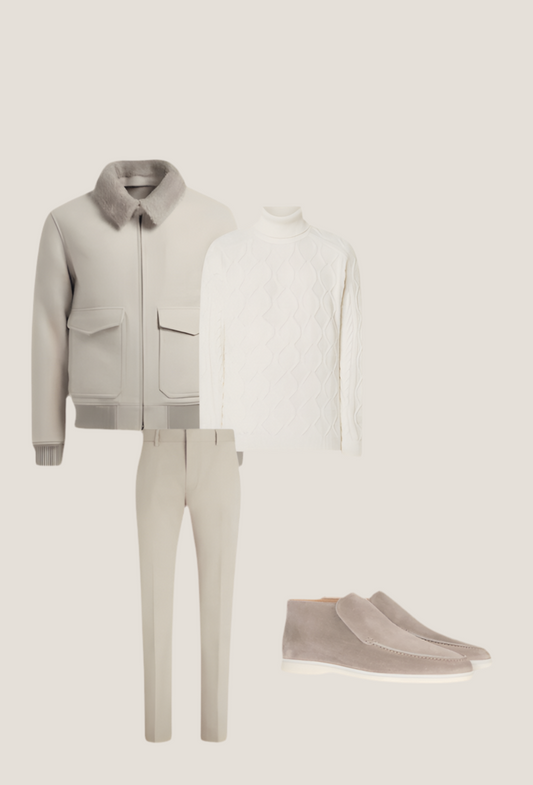 Complete Outfit Men | Jacket/Blazer + Sweater/Blouse + Trousers + High Suede Loafers - Puento Fortade - TP 33 - Essential Winter Beige/White