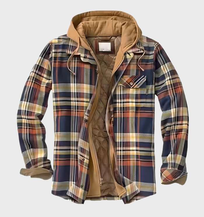 thick, multi-colored checked flannel jacket with hood and zipper