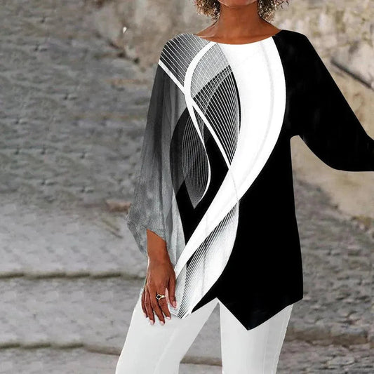 Tunic - Geometric Pattern - Black and White, Asymmetrical Hem, Long Sleeves - Perfect for Day and Night