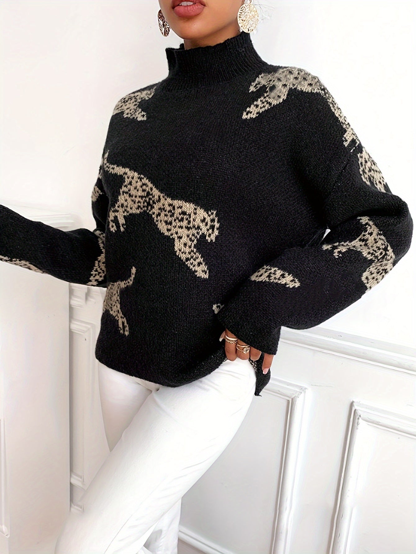 Leopard mønster rullekrave sweater Damer | elegant - lange ærmer - efterår og vinter