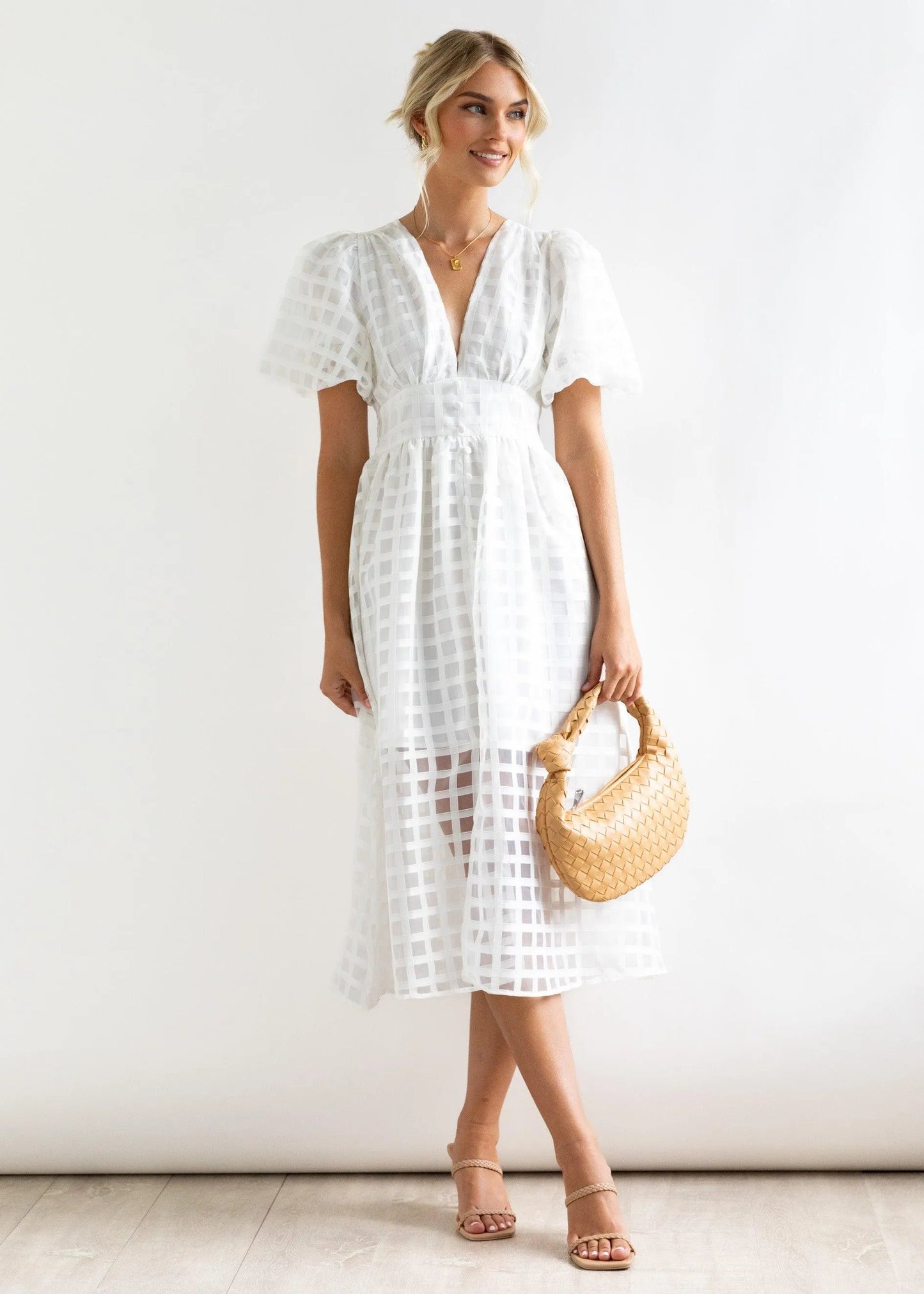 Midi Dress - Graphic Pattern - Short Sleeves, Deep V-Neck - Perfect for Summer