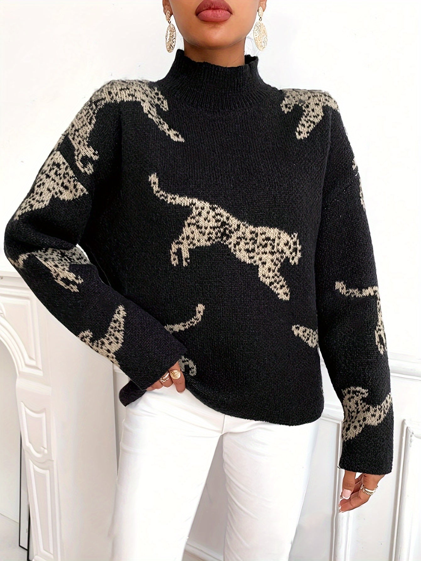 Leopard mønster rullekrave sweater Damer | elegant - lange ærmer - efterår og vinter