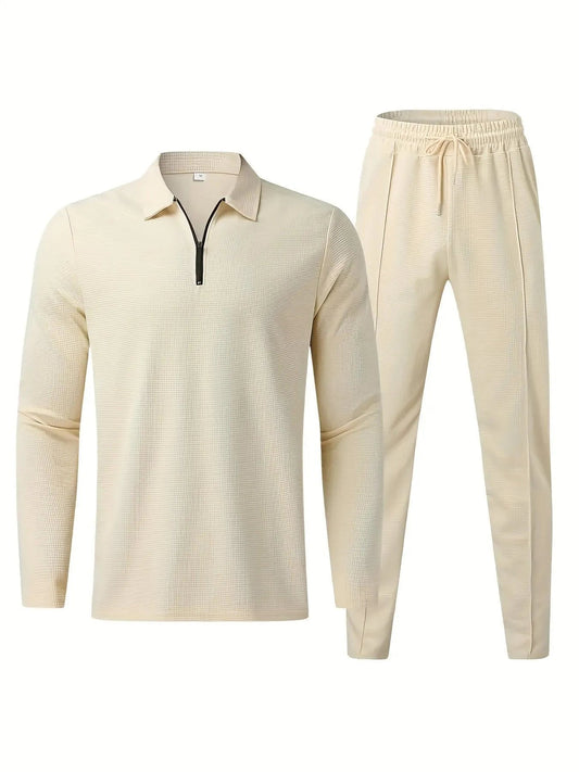 Men's Set - Polo - Pants - Long Sleeves - Solid Color - Light Elastic Polyester - Casual - Suitable for All Seasons