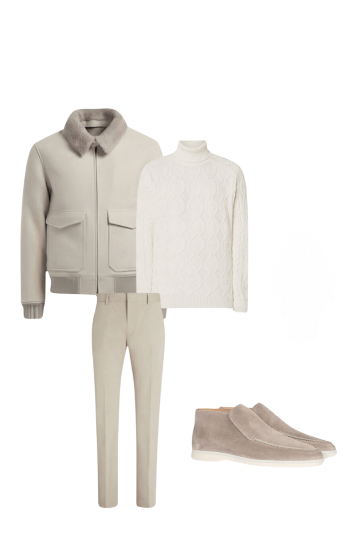 Complete Outfit Men | Jacket/Blazer + Sweater/Blouse + Trousers + High Suede Loafers - Puento Fortade - TP 33 - Essential Winter Beige/White