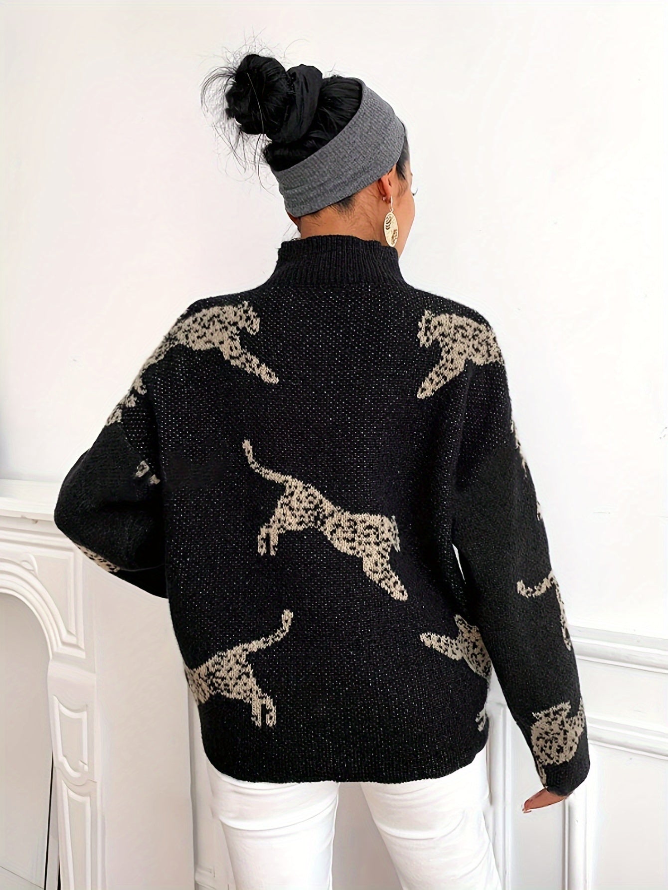 Leopard mønster rullekrave sweater Damer | elegant - lange ærmer - efterår og vinter