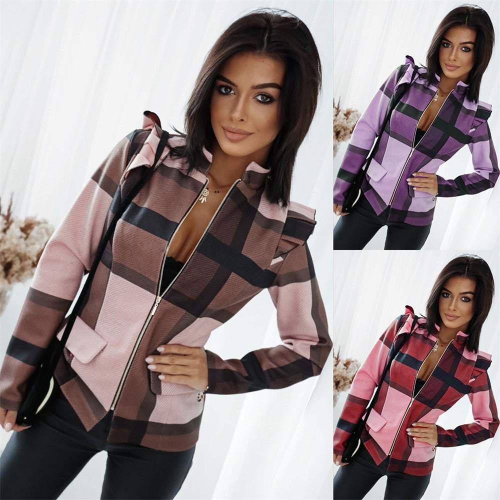 Women's Jacket - Checked Pattern - Practical Zip and Sharp Collar - Perfect for Fall