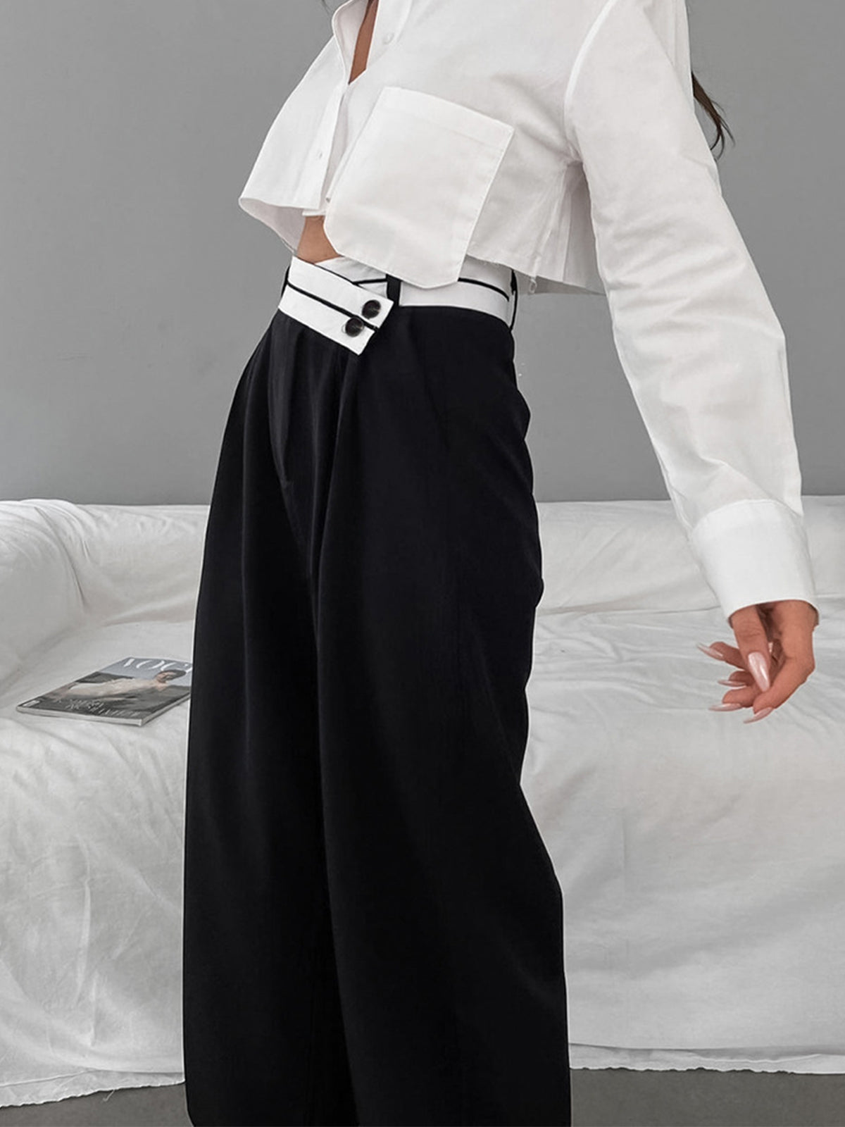 Asymmetrical Contrast Waistband Wide Leg Dress Pants