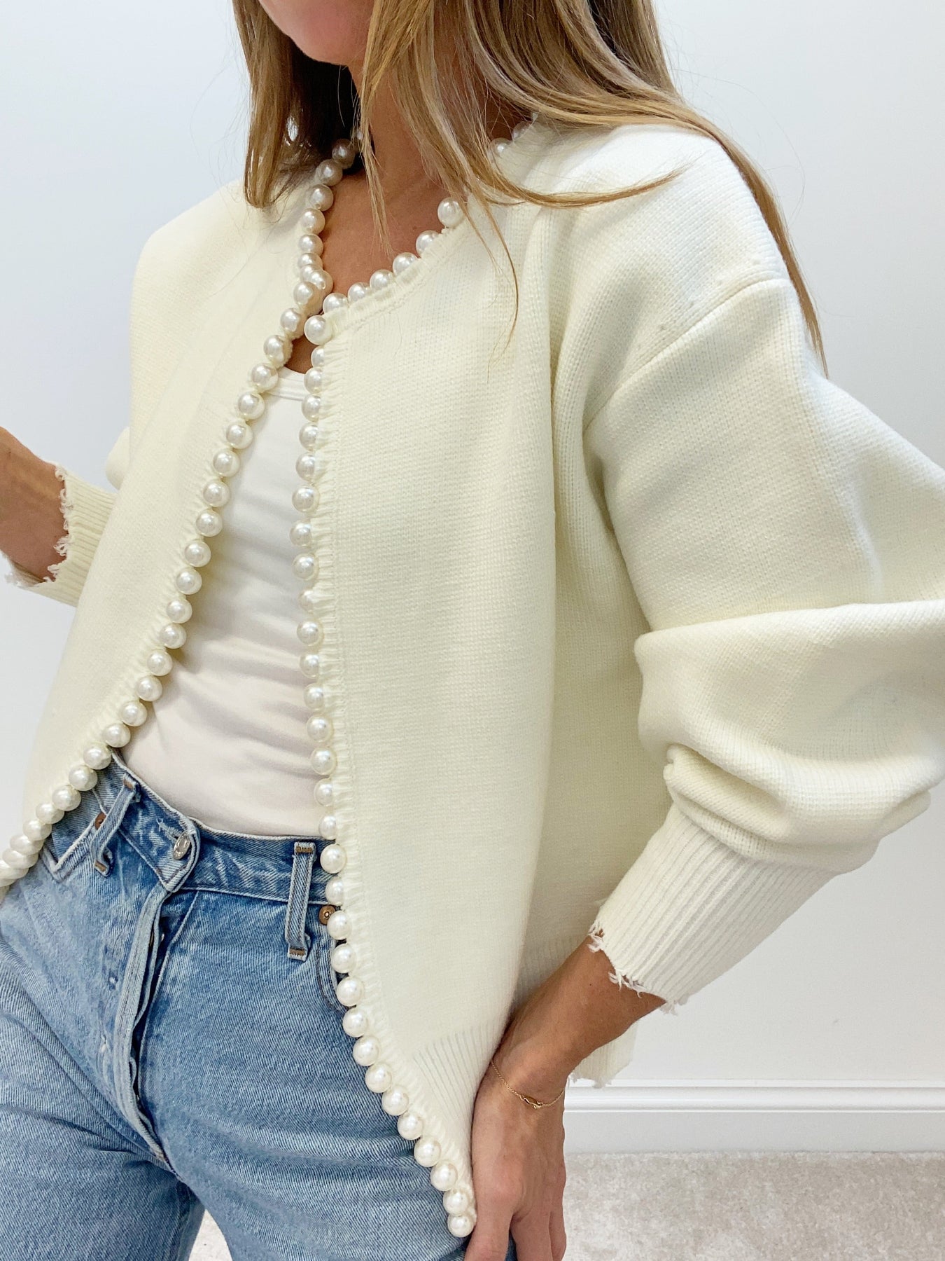 Pearl Trim | Ripped Hem Cardigan Sweater Women