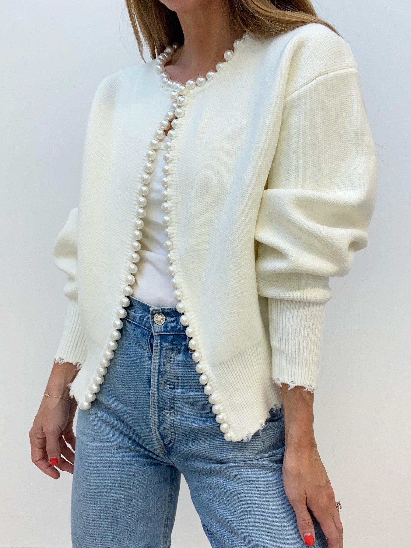 Pearl Trim | Ripped Hem Cardigan Sweater Women