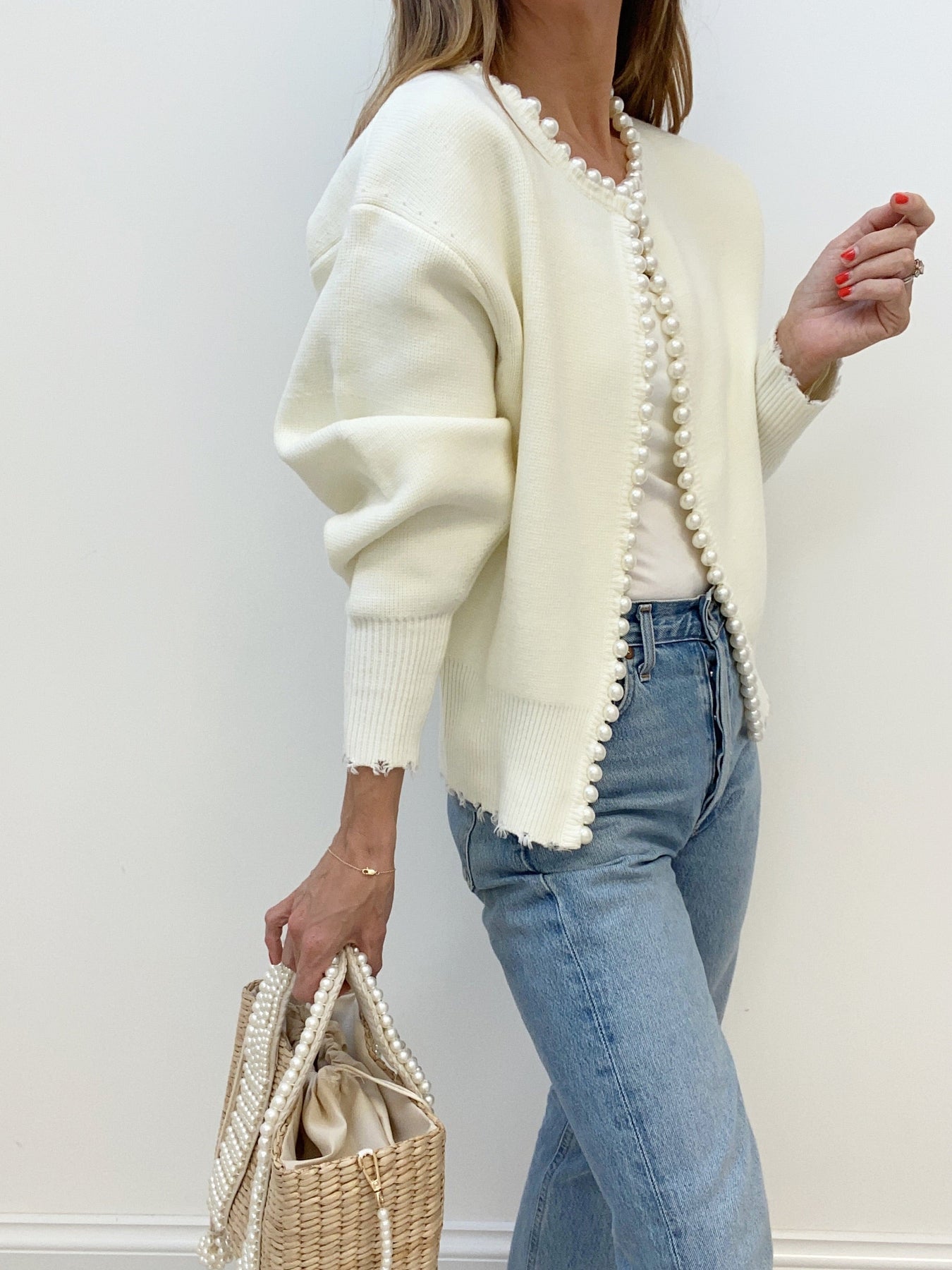 Pearl Trim | Ripped Hem Cardigan Sweater Women