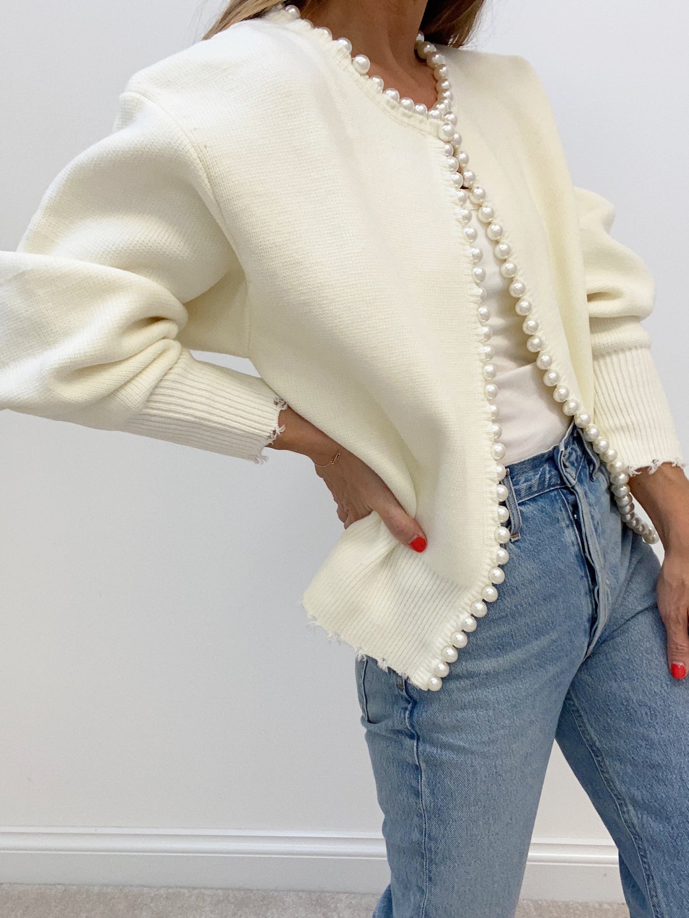 Pearl Trim | Ripped Hem Cardigan Sweater Women