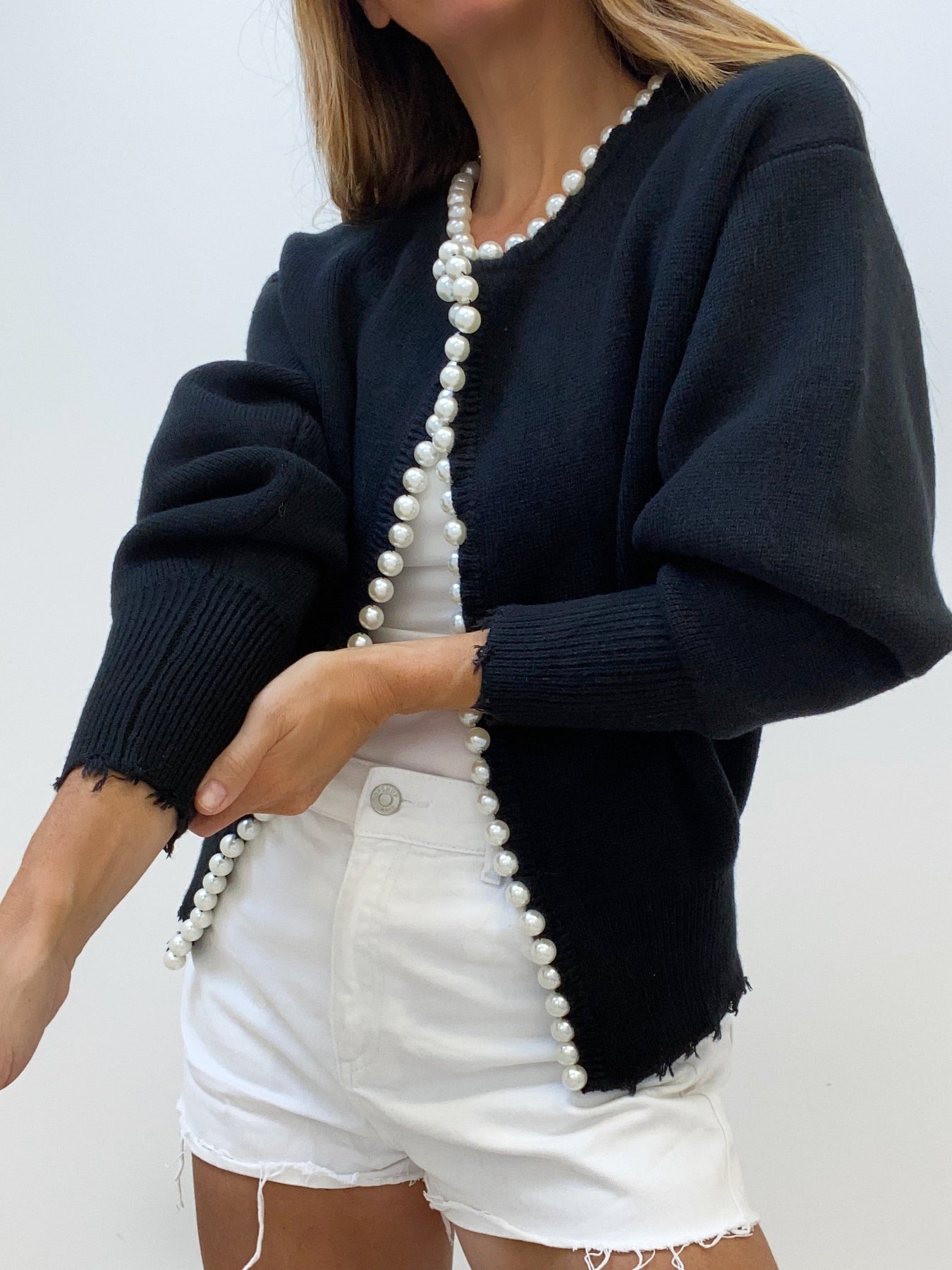 Pearl Trim | Ripped Hem Cardigan Sweater Women