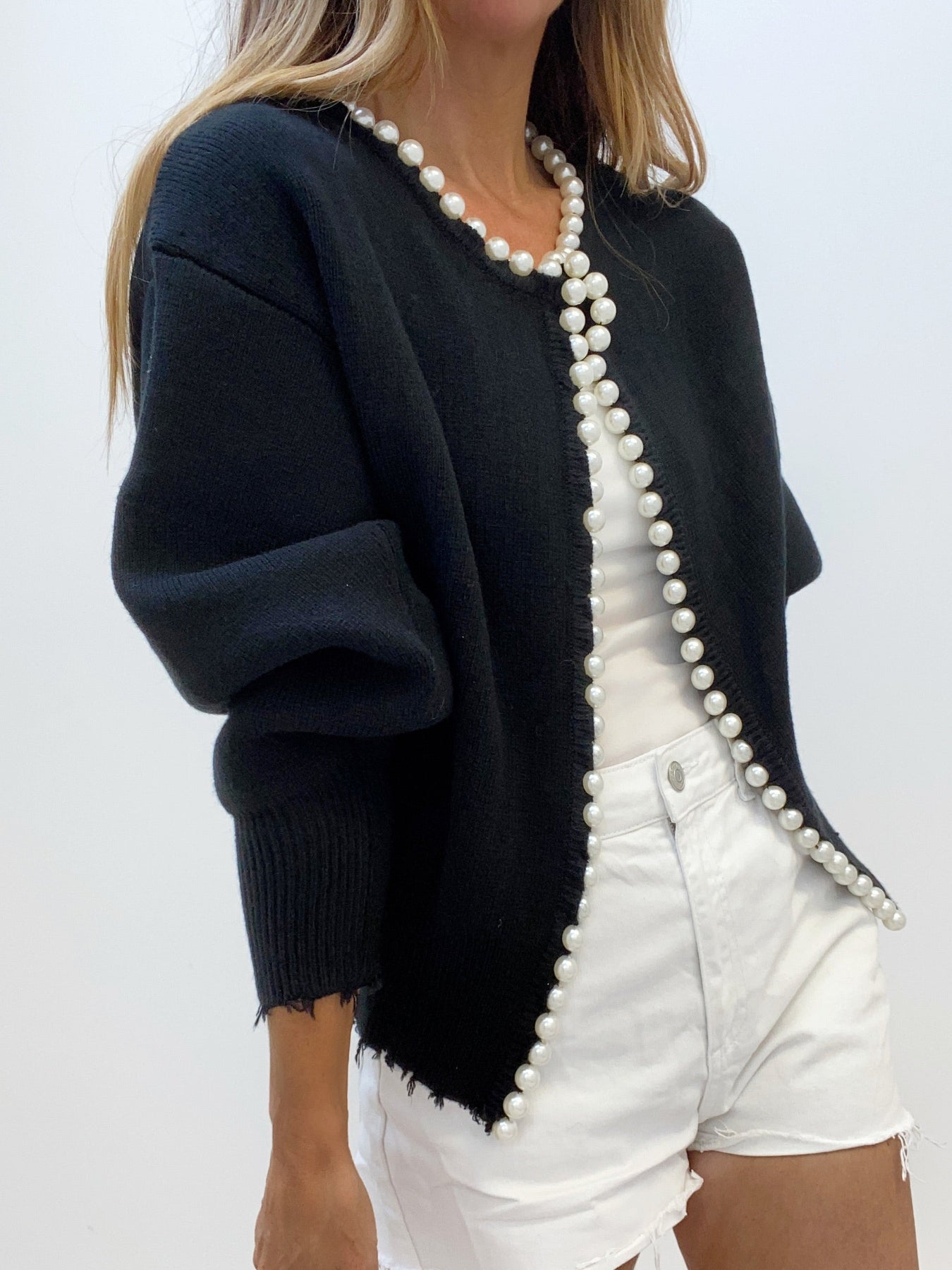 Pearl Trim | Ripped Hem Cardigan Sweater Women