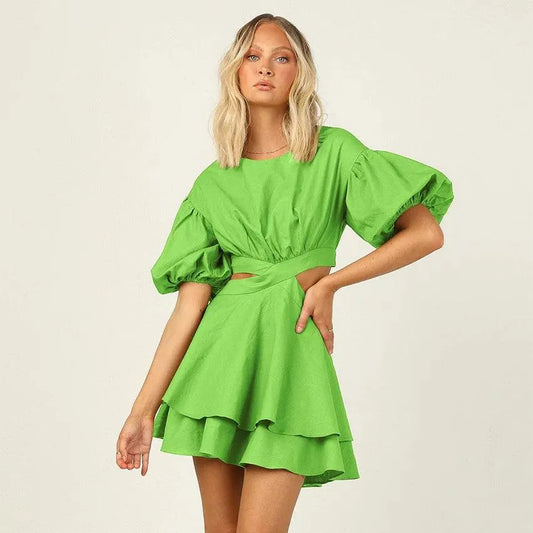 Daisy Mini Dress - With Puff Sleeves and Ruffles - Green Cotton - Perfect for Summer Outings