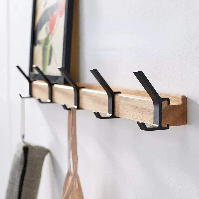 Wall Coat Rack - Movable Hooks - Black - Nordic Design - For Hall and Bedroom - Wood and Aluminum - Dimensions -40x7x7CM