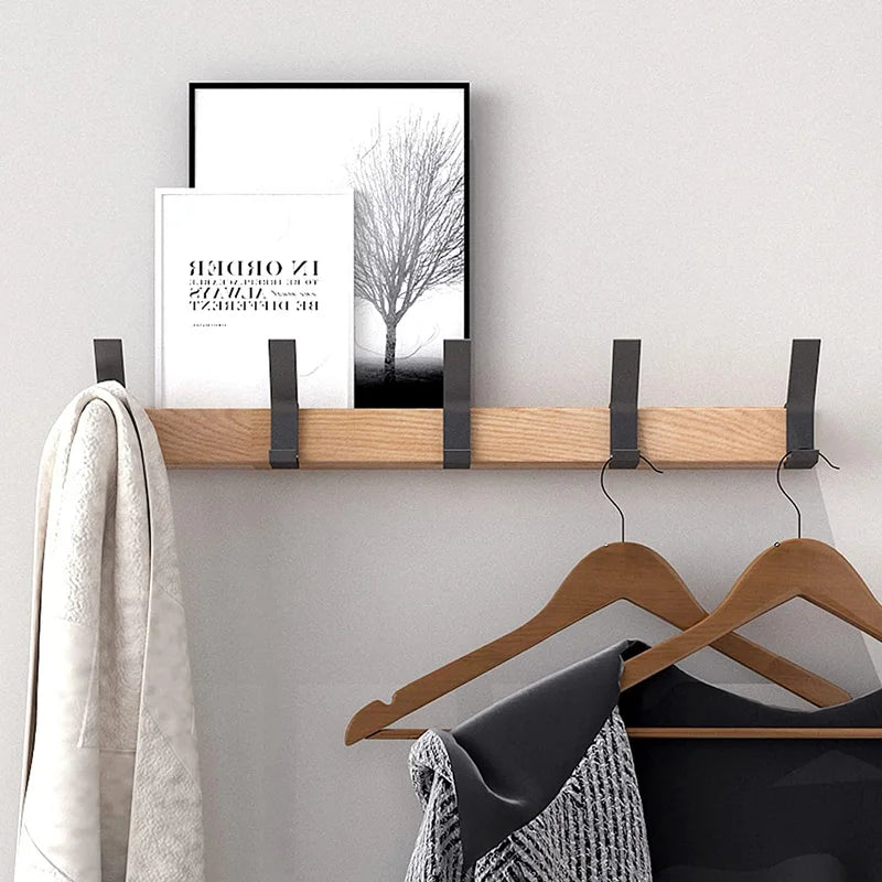 Wall Coat Rack - Movable Hooks - Black - Nordic Design - For Hall and Bedroom - Wood and Aluminum - Dimensions -40x7x7CM