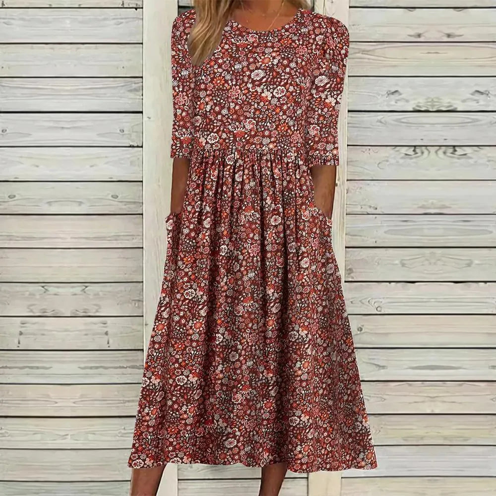 Floral Dress - Elegant - High Quality Fabric with Pockets - Perfect for Festive Occasions