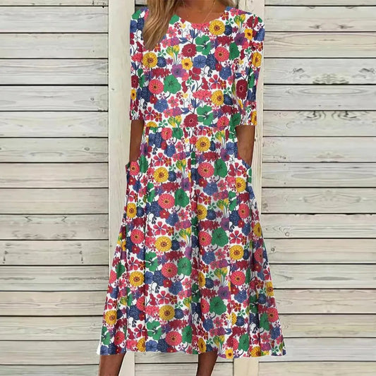 Floral Dress - Elegant - High Quality Fabric with Pockets - Perfect for Festive Occasions