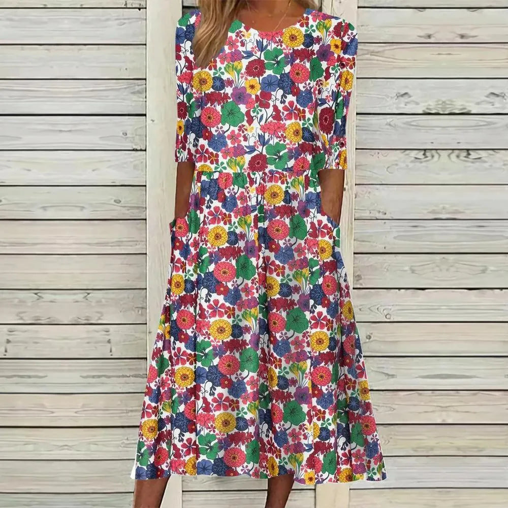 Floral Dress - Elegant - High Quality Fabric with Pockets - Perfect for Festive Occasions