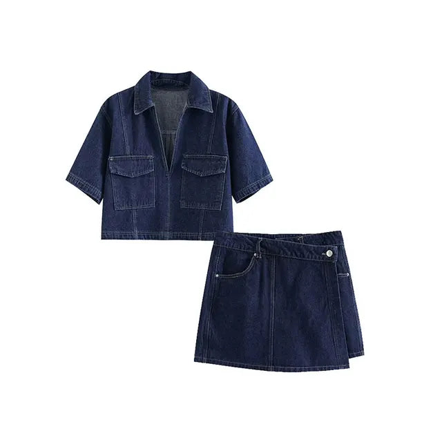 Women's 2 Piece Set - Traf - Modern - Slim Fit Denim and Asymmetric Skirt - Perfect for Casual and Semi-Formal Occasions