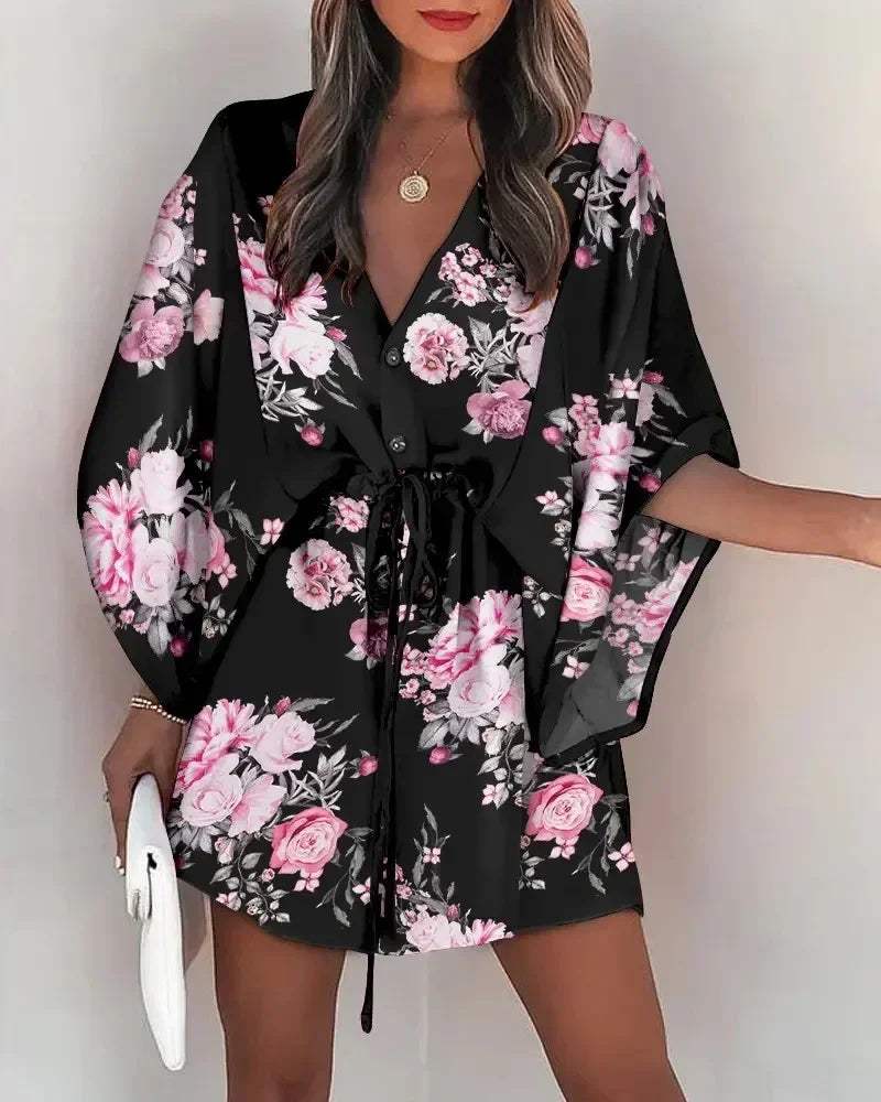 Blazer Dress - Floral Print - Loose Fit, Wide Sleeves, Adjustable Waist - Perfect for Casual Days and Summer Evenings