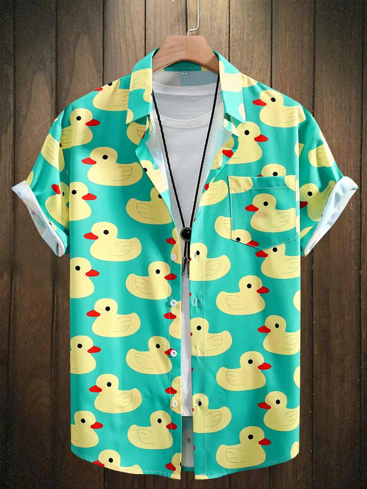 Men's Shirt - Cheerful Duck Print - Lightweight Polyester in Turquoise - Perfect for Summer Casual Occasions