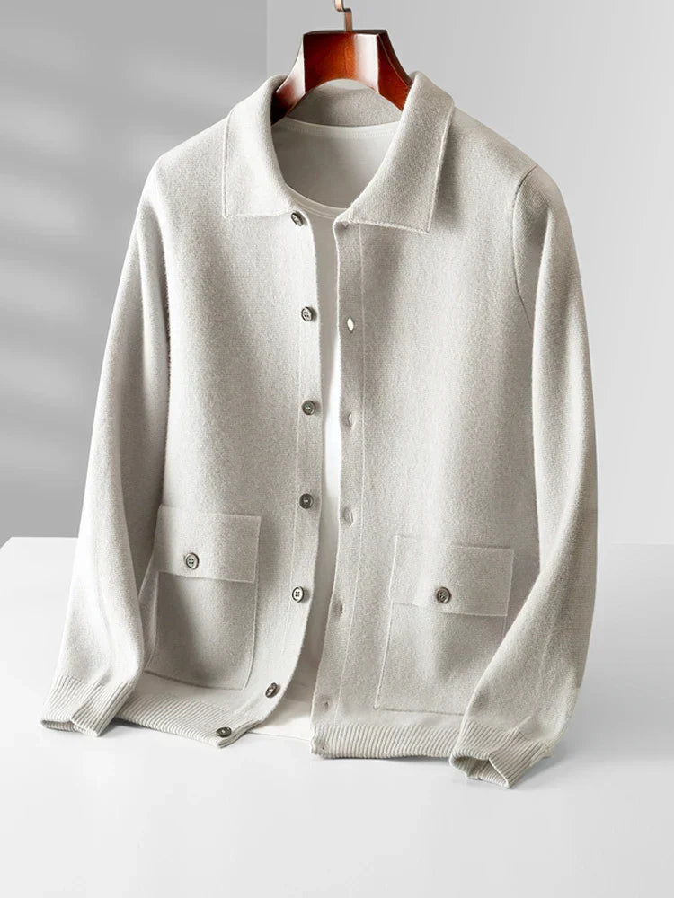 Wool Cardigan with Polo Collar | High Quality Materials - Warm and Cozy - Fall - Ideal for Formal and Informal Occasions