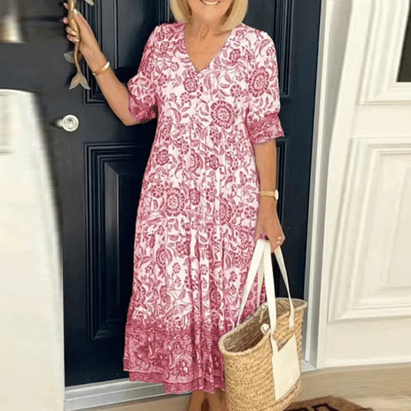 Dress - Beautiful Print - V-neck, Three-quarter Sleeves - Perfect for Summer Day