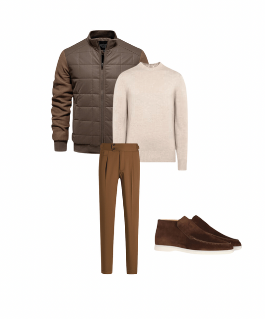 Complete Outfit Men | Jacket/Blazer + Sweater/Blouse + Trousers + High Suede Loafers - Puento Fortade - TP 30 - Essential Brown/Beige