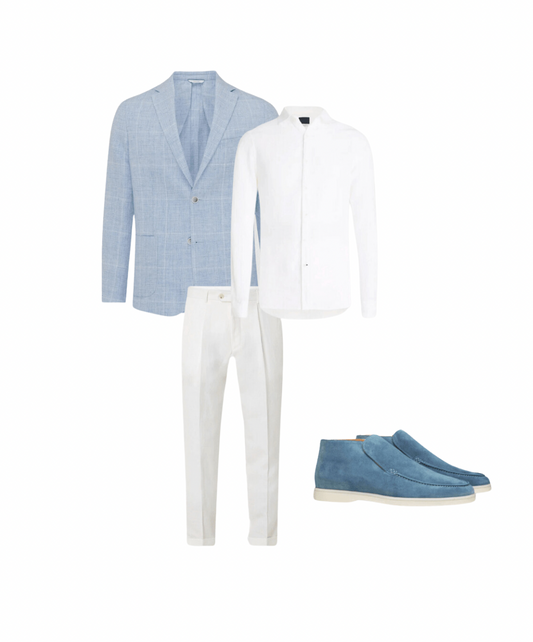 Complete Outfit Men | Jacket/Blazer + Sweater/Blouse + Trousers + High Suede Loafers - Puento Fortade - TP 31 - Essential Light Blue/White