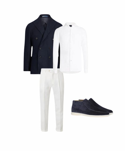 Complete Outfit Men | Jacket/Blazer + Sweater/Blouse + Pants + High Suede Loafers - Puento Fortade - TP 28 - Essential Blue White