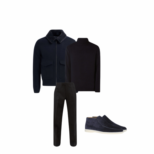 Complete Outfit Men | Jacket/Blazer + Sweater/Blouse + Pants + High Suede Loafers - Puento Fortade - TP 29 - Essential Blue Black