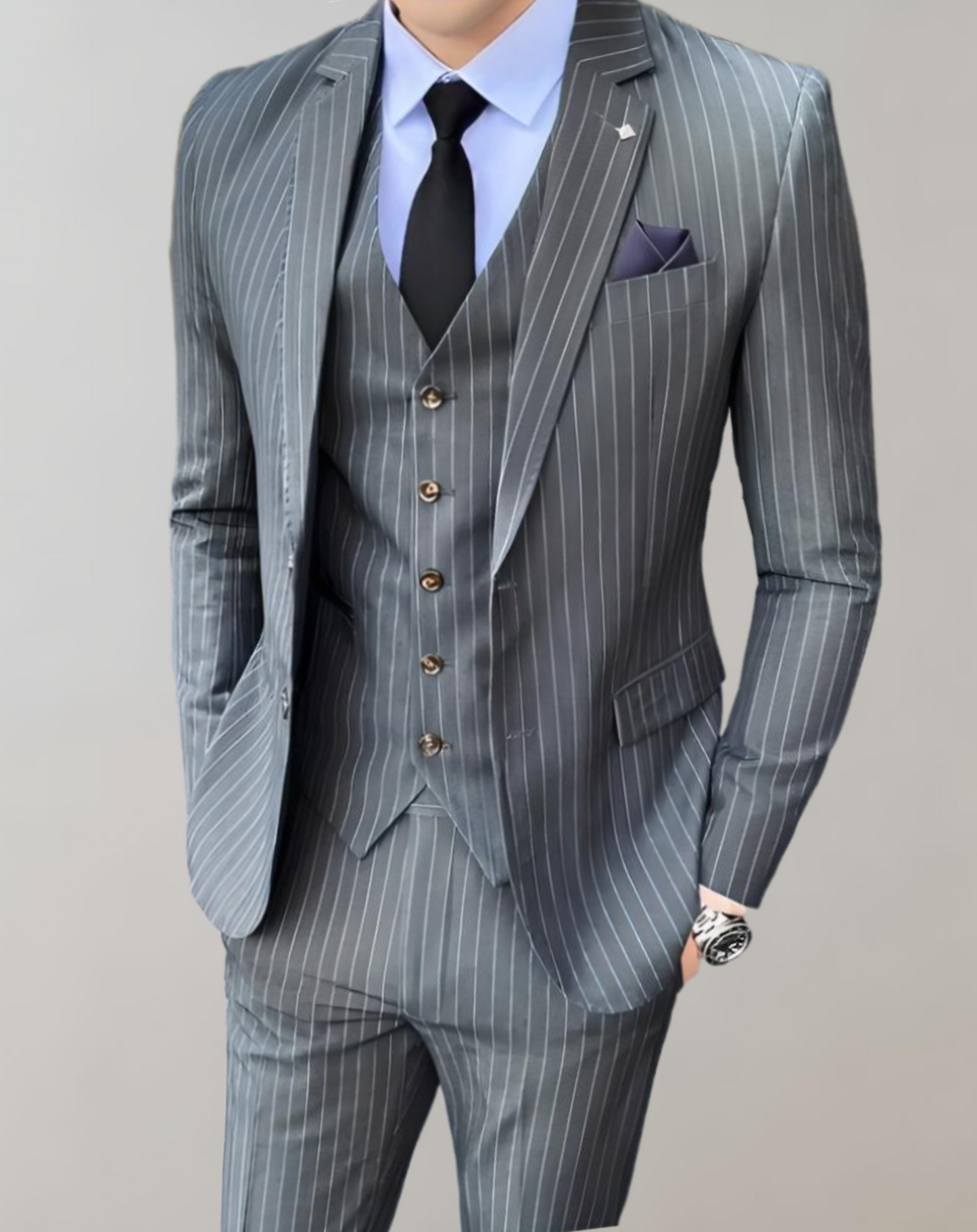 3 Piece Set of Men's Striped Single Collar Suit and Striped Formal Trousers with Pockets