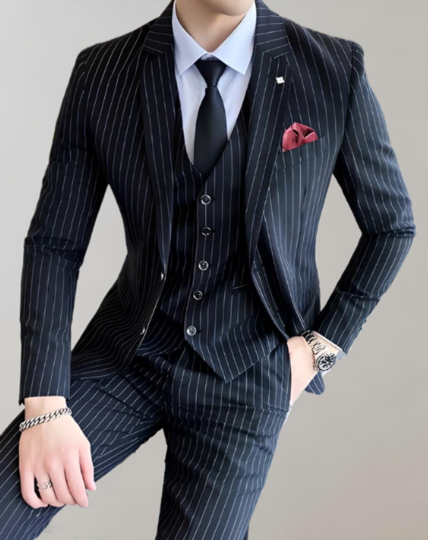 3 Piece Set of Men's Striped Single Collar Suit and Striped Formal Trousers with Pockets