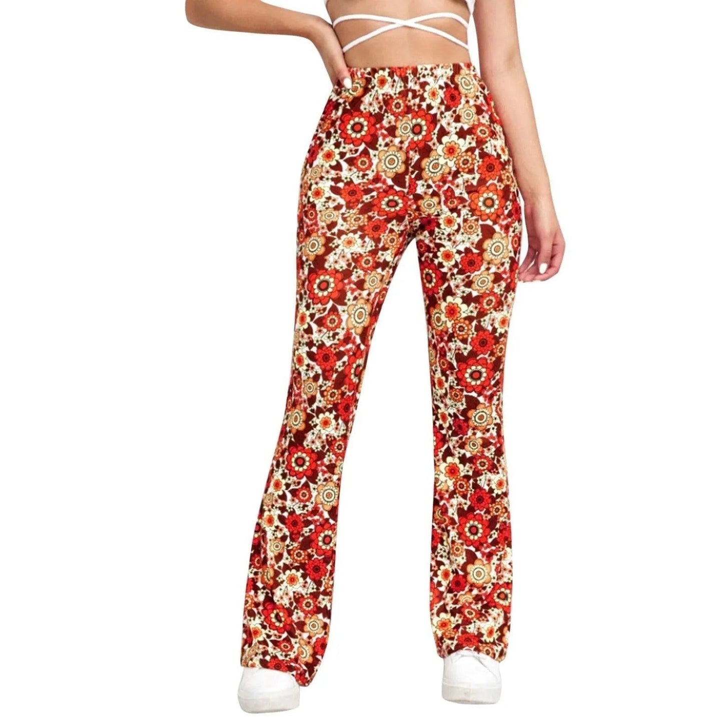 Flared Pants - Floral Print - Elasticated Waist