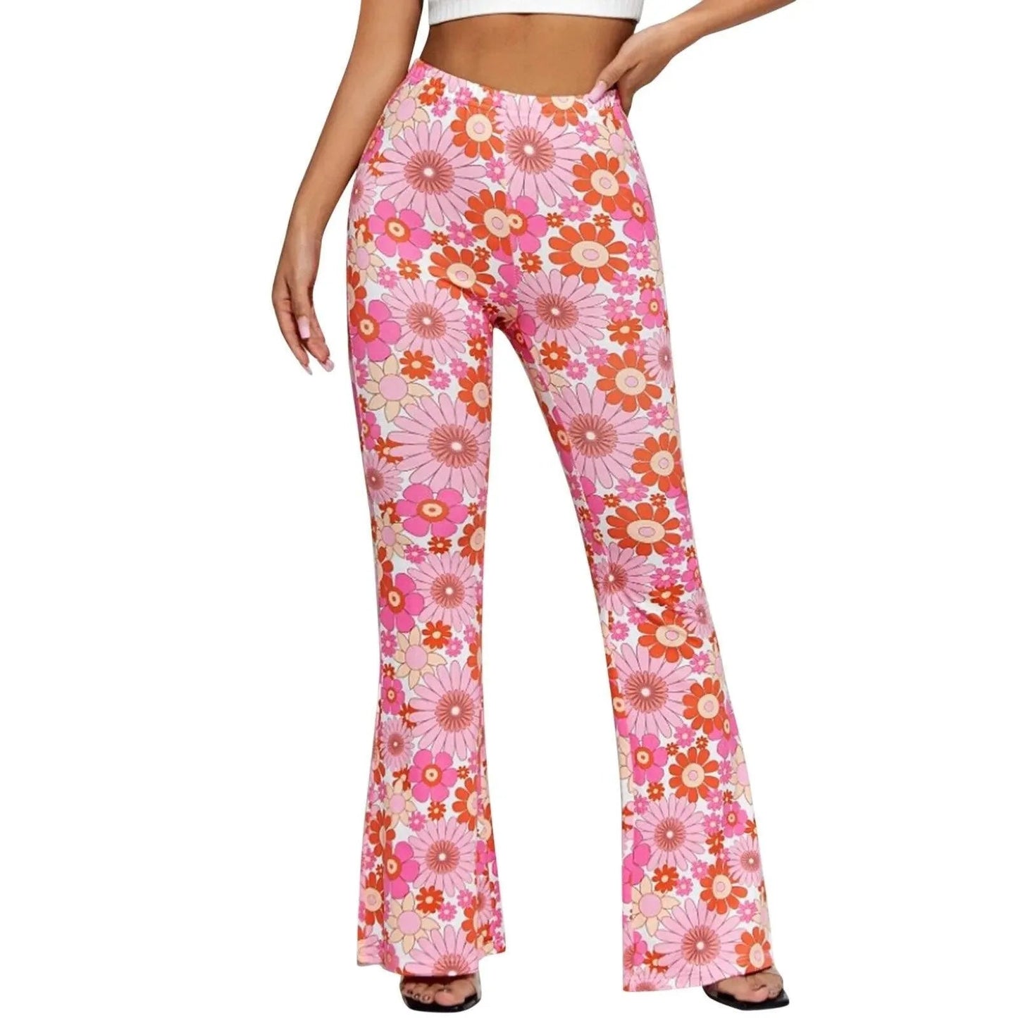 Flared Pants - Floral Print - Elasticated Waist