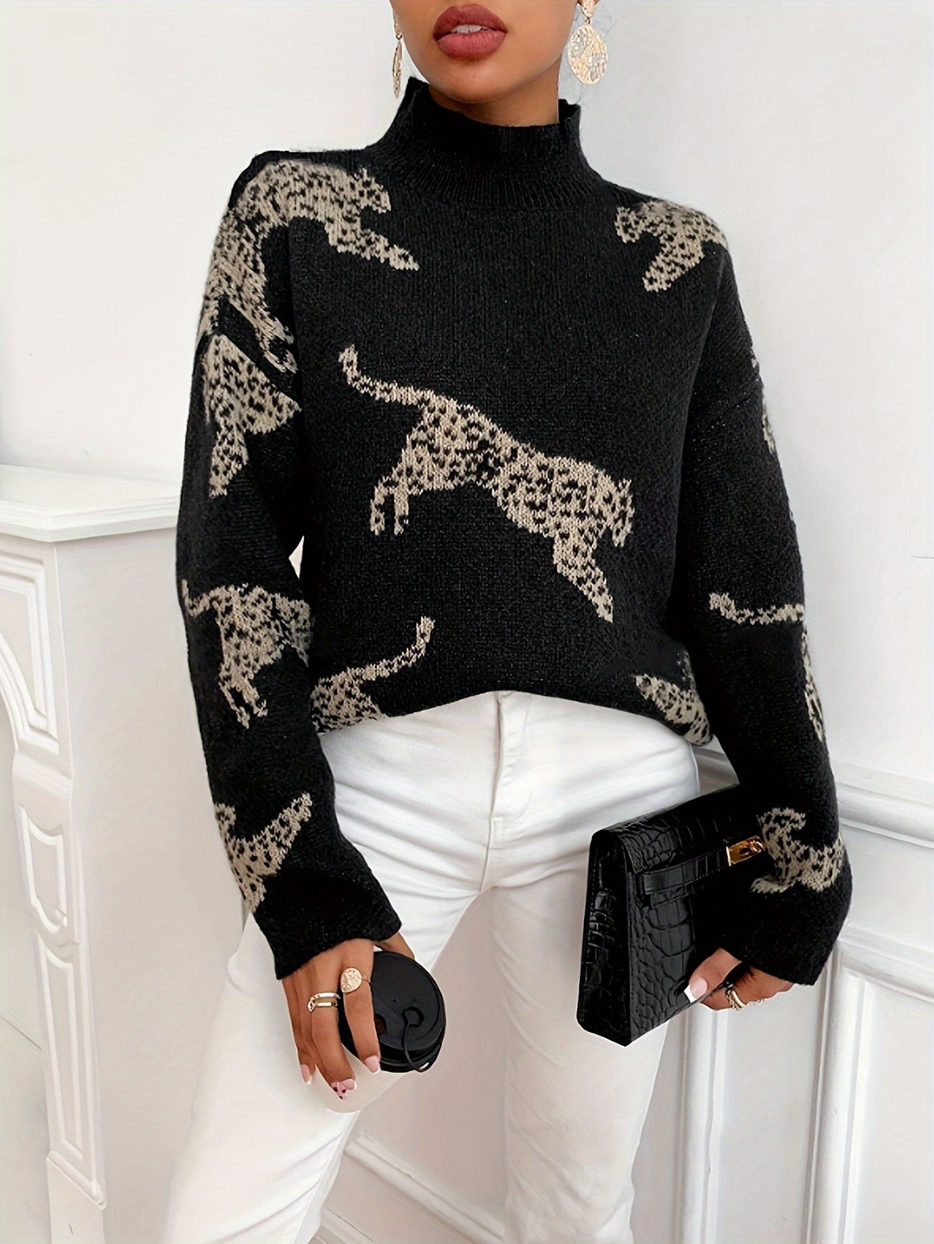 Leopard mønster rullekrave sweater Damer | elegant - lange ærmer - efterår og vinter