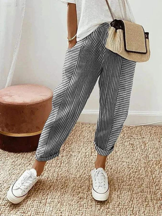 Women's Trousers - Playful Stripe Pattern - Soft Material - Perfect for Warm Days