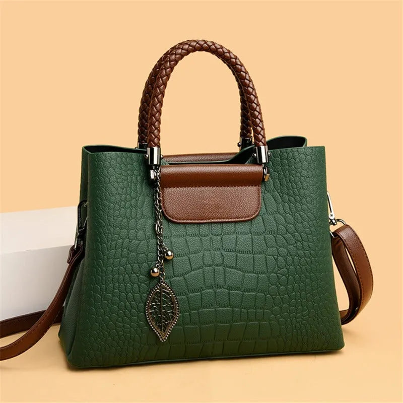 Leather Handbag - Engraved Luxury - Crocodile Print, Water Resistant, Detachable Shoulder Strap - Perfect for Office and Weekend