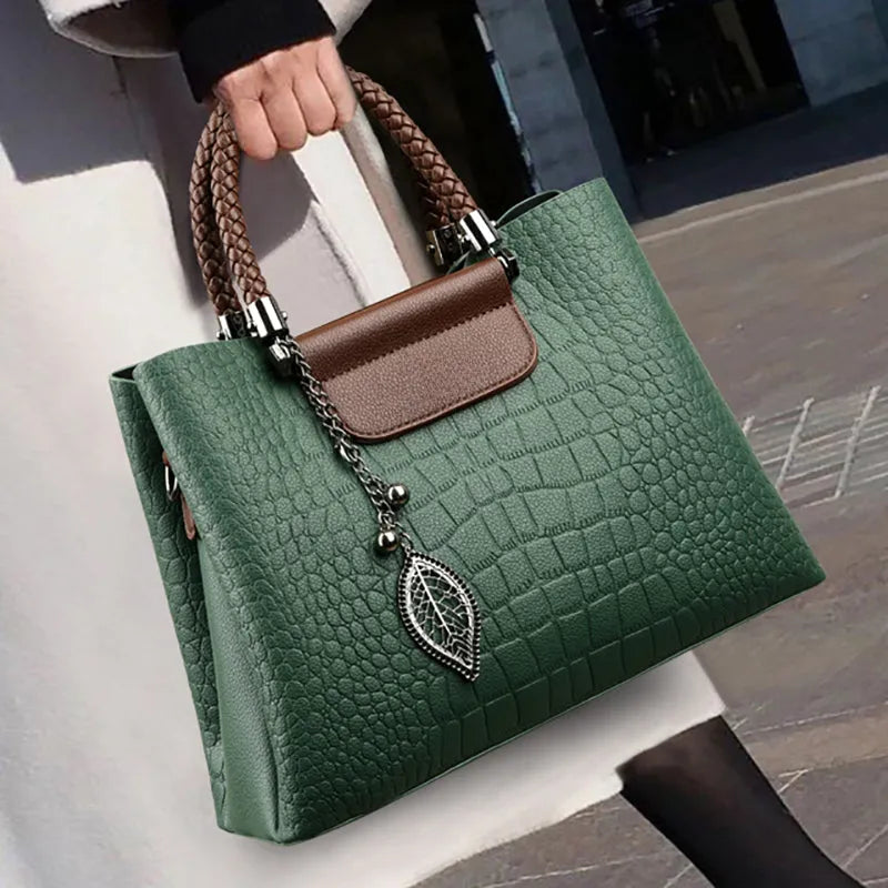 Leather Handbag - Engraved Luxury - Crocodile Print, Water Resistant, Detachable Shoulder Strap - Perfect for Office and Weekend