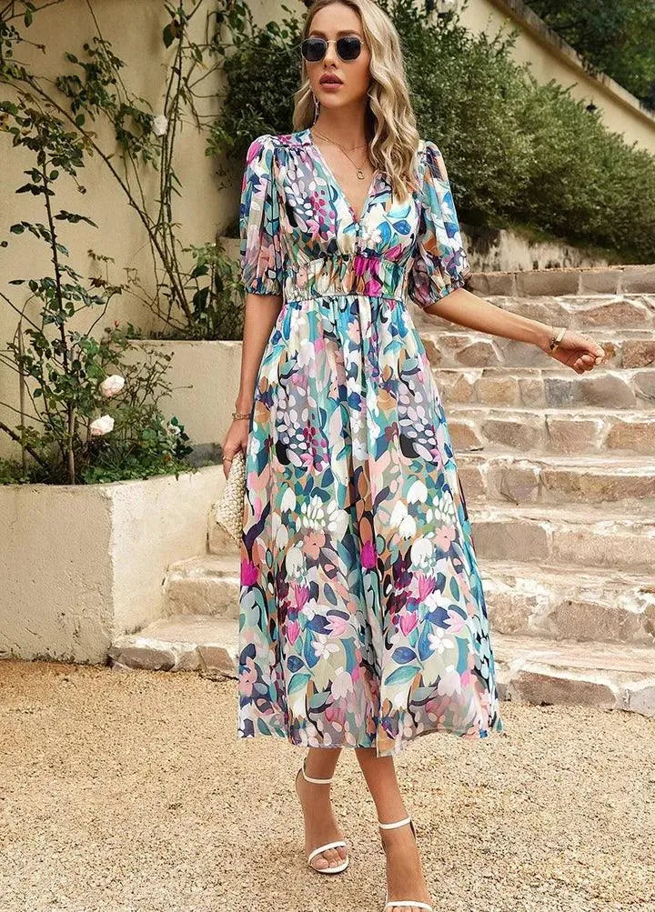 Midi Dress - Floral Print - Short Puff Sleeves, V-Neck, Airy Material - Ideal for Summer Days