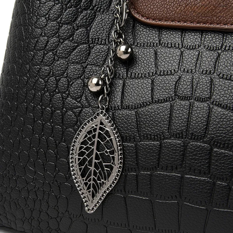 Leather Handbag - Engraved Luxury - Crocodile Print, Water Resistant, Detachable Shoulder Strap - Perfect for Office and Weekend