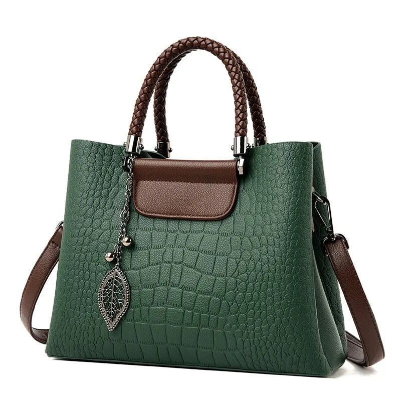 Leather Handbag - Engraved Luxury - Crocodile Print, Water Resistant, Detachable Shoulder Strap - Perfect for Office and Weekend