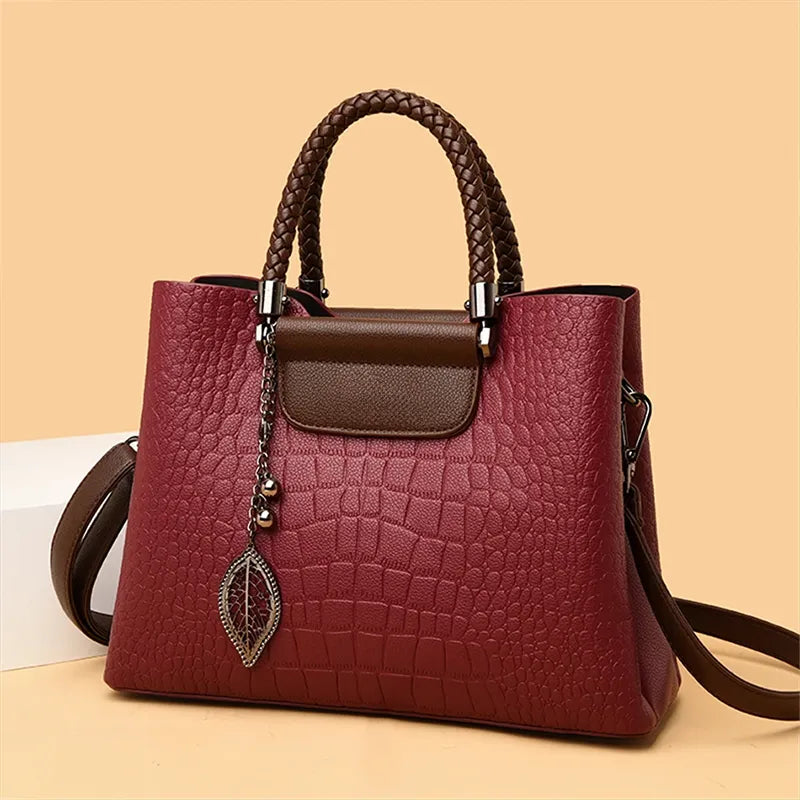 Leather Handbag - Engraved Luxury - Crocodile Print, Water Resistant, Detachable Shoulder Strap - Perfect for Office and Weekend