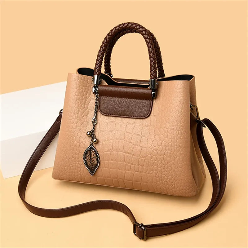 Leather Handbag - Engraved Luxury - Crocodile Print, Water Resistant, Detachable Shoulder Strap - Perfect for Office and Weekend