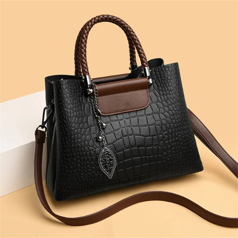 Leather Handbag - Engraved Luxury - Crocodile Print, Water Resistant, Detachable Shoulder Strap - Perfect for Office and Weekend