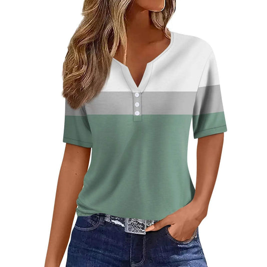 Women's T-shirt - Striped - Soft Material - V-neck - Ideal for Daily Use - Buttons