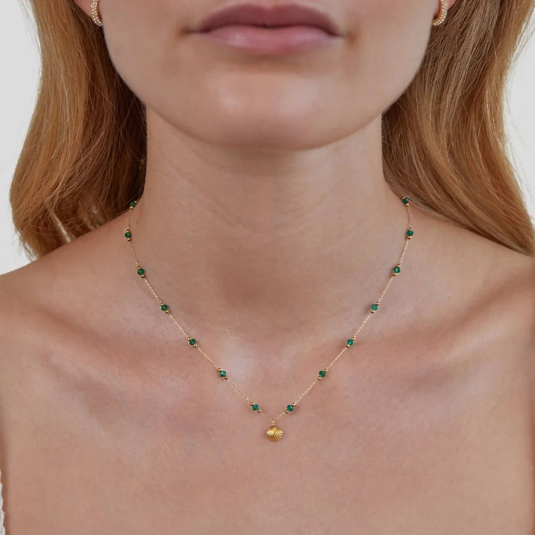 Necklace - Nerissa - Golden Shell & Green Agate - Waterproof and Tarnish Resistant - Perfect for Any Occasion