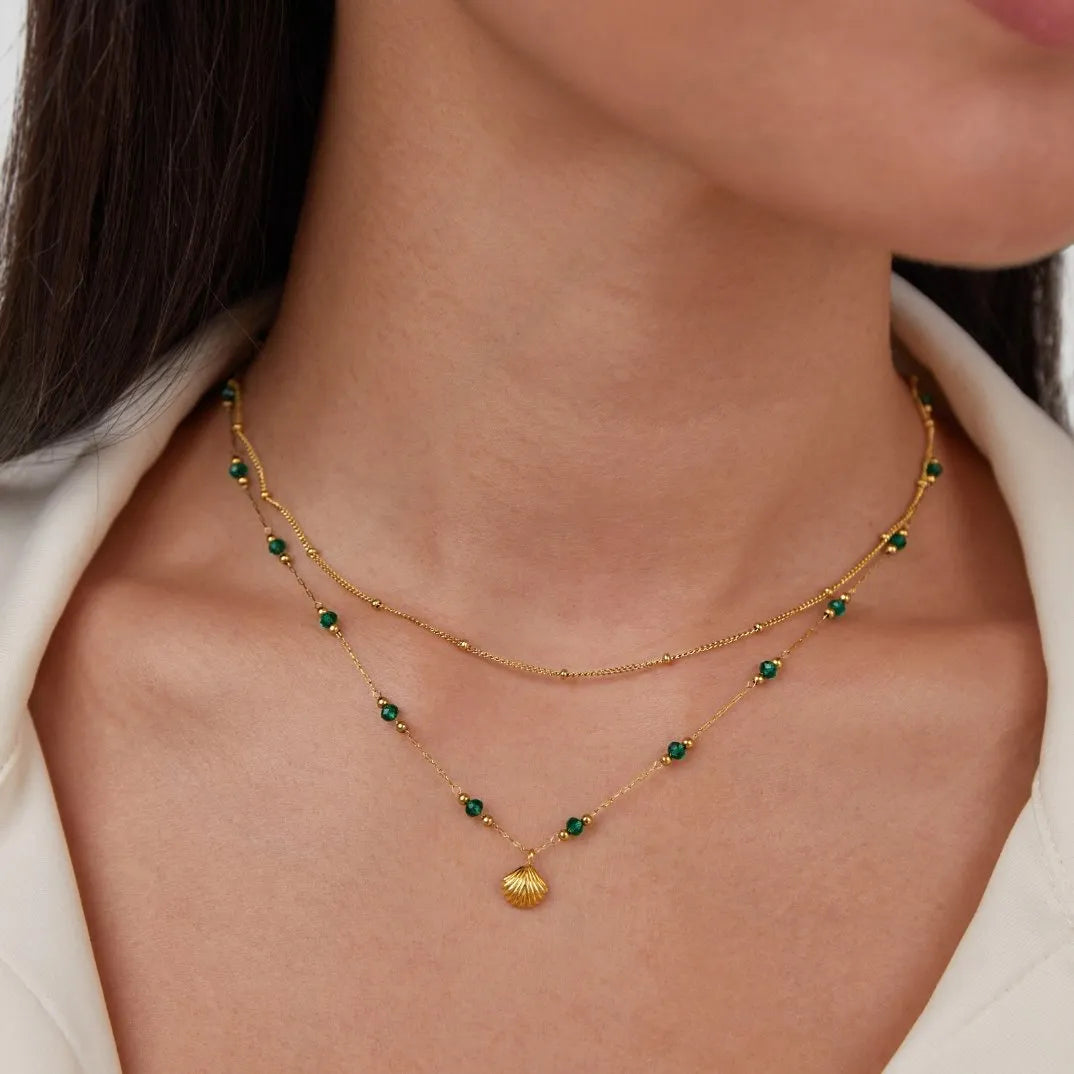 Necklace - Nerissa - Golden Shell & Green Agate - Waterproof and Tarnish Resistant - Perfect for Any Occasion