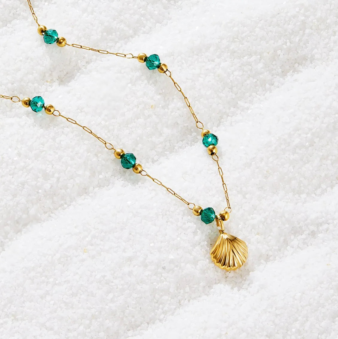 Necklace - Nerissa - Golden Shell & Green Agate - Waterproof and Tarnish Resistant - Perfect for Any Occasion